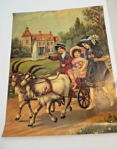 Antique German Print Girls with Billy Goat Cart Carriage Lithograph 16"x20" Art - Picture 1 of 3