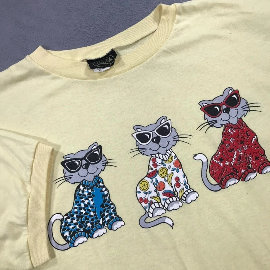Camiseta Gato Vintage Años 90 Mujer 44 Amarillo Gran Tamaño Pijama Gatos Manga Corta EE. UU. Foto 1 de 4