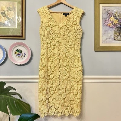 Vestido Vaina Ralph Lauren Amarillo Encaje Talla 4 Boda Floral Sin Mangas Jardín Foto 1 de 4