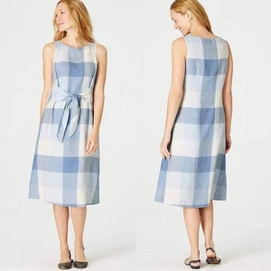J. Jill Love Linen Gingham Plaid Midi Dress Tie Waist Blue White Womens Small - Picture 1 of 10