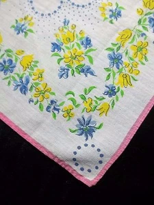 Floral Printed Hankie Flower Print Handkerchief Vintage Blue Yellow Hanky 1019 - Picture 1 of 9
