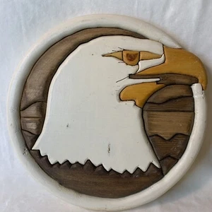 American Bald Eagle Wood Inlay Wall Decor MCM Art Piece Round Handmade Stained - Picture 1 of 12