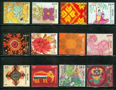 India 2019 Embroideries Art Craft Ethnicity Stamp set  12v MNH - Image 1 of 2