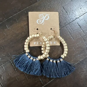 Plunder Design Reagan Kate Blue Tassel Fringe Gold Tone Bead Hoops - Picture 1 of 1