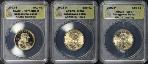 2002-D, P, & S Sacagawea Dollar 3 Coin Set ANACS MS-67 & PR-70 DCAM Map Label Cover