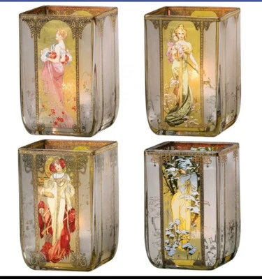 Goebel Artis Orbis 4x luz de viento vela de té vidrio cuatro estaciones 1900 de Mucha - Imagen 1 de 4