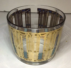 Hazel Atlas Glass Ice Bucket Gold Doors Dividers Blue Fence Railings Design Vtg - Picture 1 of 12