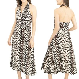Karen Millen Dress Womens Halter Neck Animal Print Midi Collared Stretch Belted - Picture 1 of 9