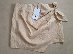 Zara Faux Wrap Mini Skirt Zip Up Tan Black Stripe Womens Size XL Brand New - Picture 1 of 13