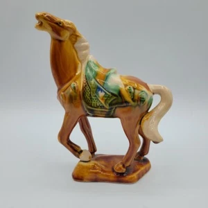 VINTAGE Chinese Tang Dynasty War Horse Sancai Figurine Majolica Drip Glaze 1950s - Picture 1 of 8