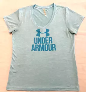 Under Armour T-Shirt Womens Size Medium Blue Short Sleeves V-Neck Pullover Logo - Picture 1 of 5