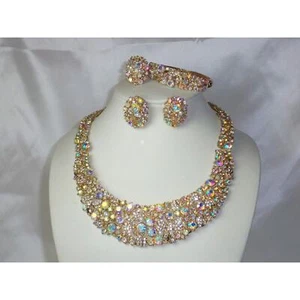 Gold 4 pcs Statement Rhinestone AB Necklace Set, Bridal prom Party Necklace - Picture 1 of 10