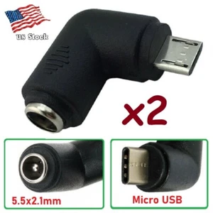 2-Pack DC Power 5.5x2.1mm Female to Mirco USB Male Right Angle Converter Adapter - Picture 1 of 5