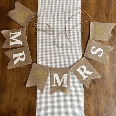 Letrero colgante de arpillera MR MRS boda/coche decoración bandera/guirnalda Foto 1 de 4