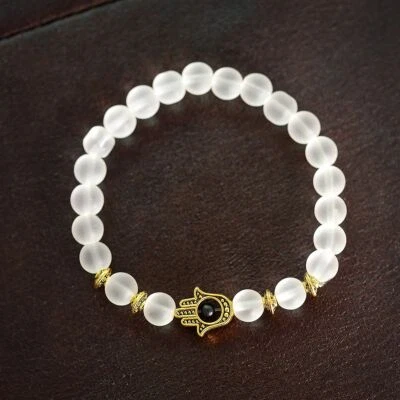 Pulseras de la suerte de las cuentas de piedra transparentes blancas de mano Hamsa doradas y plateadas para hombre Foto 1 de 4