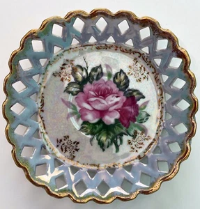 Royal Halsey Fine China Reticulated Saucer: Pink Roses Blue Lusterware Gold Trim - Picture 1 of 3