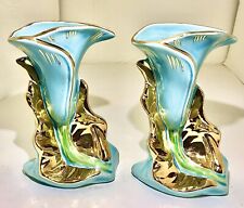 22K Gold Hand Decorated Lily flower shaped Turquoise Vases