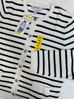 Cárdigan Suéter Nine West Para Mujer Mediano Negro Blanco Rayas Relajado Elegante Elegante Foto 1 de 4