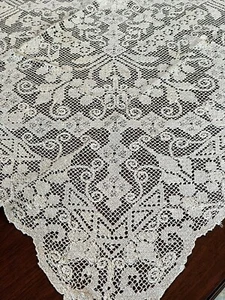 Ecru Vintage Hand Made Handmade Lace Square Tablecloth Table Topper 48” X 48” - Picture 1 of 10