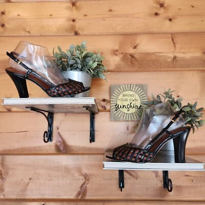 Salto J Vincent couro slingback bloco preto marrom biqueira aberta tecido Itália tamanho 8,5M - Imagem 1 de 4