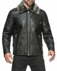 Mens Biker Bomber Black Faux Fur Shearing Real Cowhide Leather Jacket
