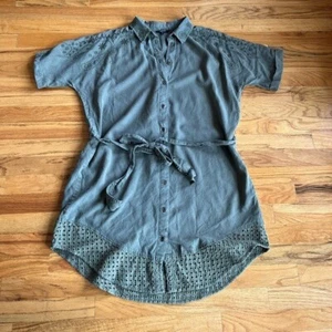 DESIGUAL Army Green Embrodiered Tie Shirtdress Eyelet Trim XL - Picture 1 of 6