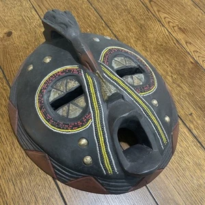 Colorful Vintage African Tribal Wood Hand Carved Beaded Mask Moon Face 11" Ghana - Picture 1 of 8