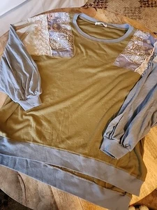 We The Free People Green Feelin It Patchwork Balloon Sleeve Top Large EUC - Picture 1 of 9