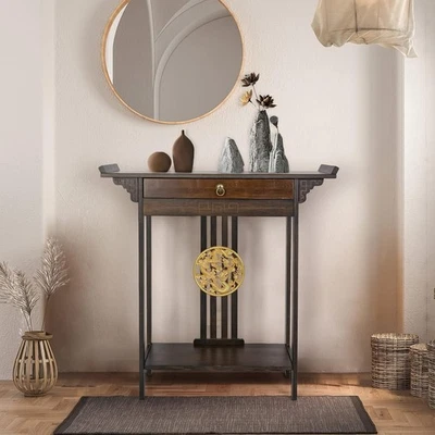 Narrow Rustic Bamboo Console Table 2 Tier Hallway Entryway Shelf 81.5x32x82cm - Image 1 of 4