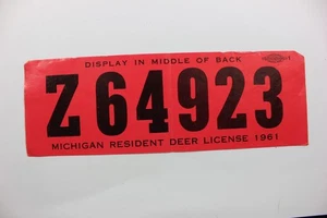 1961 Michigan Resident Deer Hunting License Back Tag # Z 64923 - Bild 1 von 1