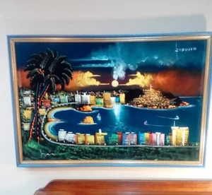COLOURFUL PAINTING ON VELVET. ACAPULCO BAY. LARGE VINTAGE LANDSCAPE. MIXED MEDIA - Picture 1 of 12