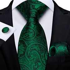 Mens Silk Green Paisley Necktie Pocket Square Cufflinks Set for Formal Business