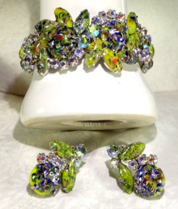 VTG ICONIC JULIANA D&E GREEN HARLEQUIN~AB ENCRUST RS BANGLE BRACELET EAR SET BK - Picture 1 of 10