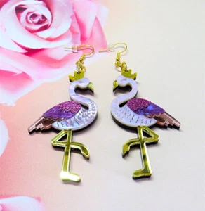 LARGE LASER CUT ACRYLIC EARRINGS - FLAMINGOS WITH CROWNS - 96cms LONG.....CG0660 - Picture 1 of 4