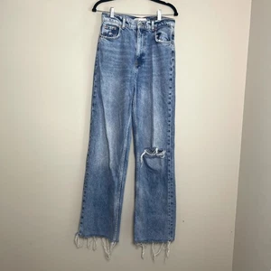 Zara Light Wash High Rise Distressed Raw Hem Button Straight Leg Denim Jeans 6 - Picture 1 of 8