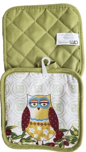 Set of 2 Same Kitchen Printed Pot Holders(7"x7")GREEN OWL & OLIVES,green back,AM - Picture 1 of 12