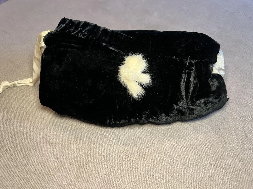 Black Velvet Hand Muff Womens One Size Satin Lined Fur Pom Hand Warmer Winter - Image 1 of 4