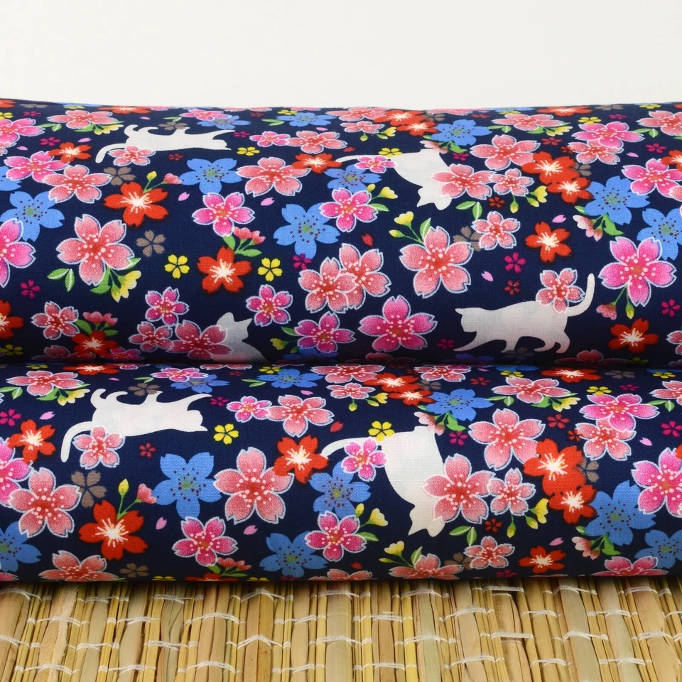 Cats & Cherry Blossom On Blue 100% Cotton Fat Quarter Fabric Quilting FQ #0180 - image 1 of 4