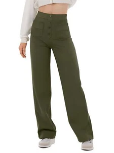 Women's Casual Straight Leg Pants High Waisted Button Down Stretchy Trousers - Picture 1 of 20