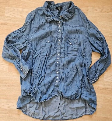 Earl Jeans Para Mujer Talla 2x Perla Snap Hi Lo Camisa Túnica Top Azul Denim Look Bolsillos Foto 1 de 4