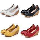 Womens Office Mid High Heels Wedge Bowknot Soft Platform Shallow Leather Shoes