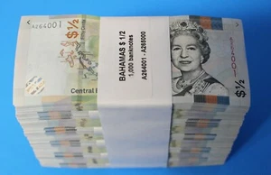 Billetes de 1/2 dólar 1000 de las Bahamas PC P 76A 2019 UNC 1 ladrillo, reina Isabel II - Imagen 1 de 2