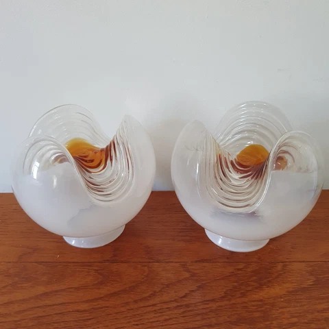 Pair 2x Vintage Retro Space age Blown Glass Italian Lamp Shades wave design Cover