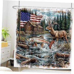 Rustic Cabin Shower Curtain Country Fish Hunting Shower Curtain Set, Vintage - Picture 1 of 7