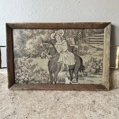 Bandeja para servir tapiz artesanal Antq debajo de vidrio niño montar caballo victoriano Foto 1 de 4