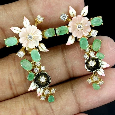 Pendientes de plata de ley 925 ovalados esmeralda 6x4 mm madreperla piedras preciosas joyería Foto 1 de 4