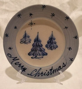Rowe Pottery Works Salt Glazed Merry Christmas Plate Christmas Trees And Stars - Picture 1 of 4