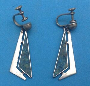 Taxco 925 Sterling Silver Vintage Sailboat Sail Earrings with Blue Inlay Antique