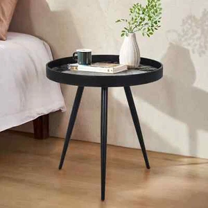 Round Coffee Table Rustic End Table Versatile Sofa Side Table w/ Wooden Tray Top - Picture 1 of 1