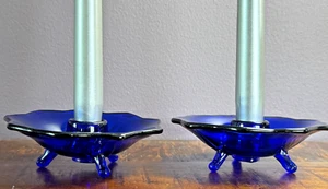 Vintage Pair of 2 Fenton Cobalt Footed Lotus Flower Candlestick Holders Art Deco - Picture 1 of 6